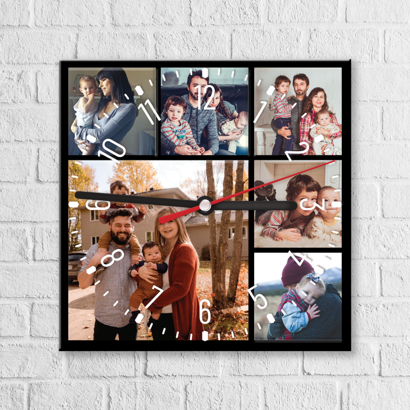Kvadratna stenska ura z družinskimi fotografijami